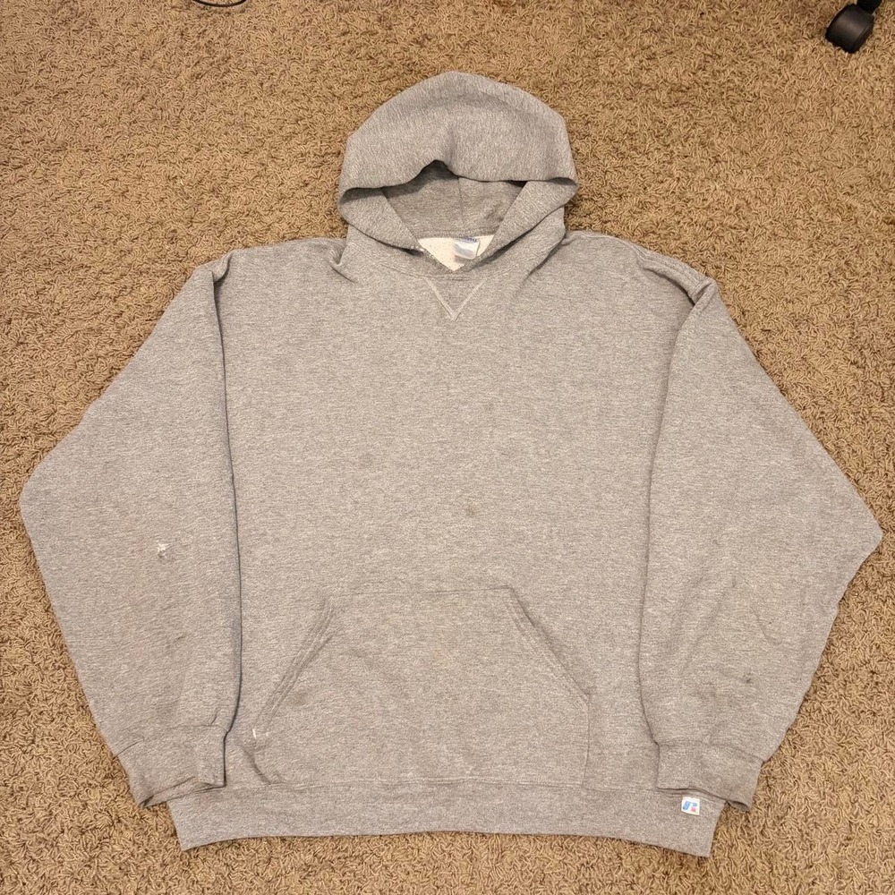 Vintage Russell Athletic Hoodie Grey Pullover Sweatshirt Mens XXL Distressed